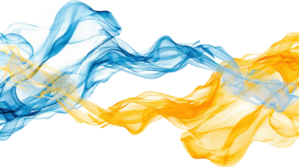 Blue and yellow color paint splashes smoke cloud on white transparent background

