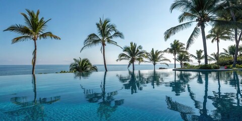 Clear blue pool water reflecting the surrounding palm trees, clear blue pool water, outdoor setting, palm trees, natural scenery, reflection