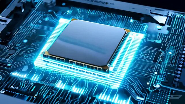 CPU Chip on Motherboard. Abstract background with computer processor chip on a circuit board with microchips and other computer parts. Electronic circuit board close up