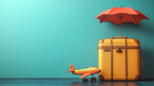 Vintage suitcase, toy airplane, and umbrella on a teal background.