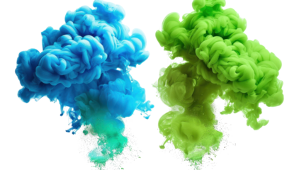Blue and green color paint splashes smoke cloud on white transparent background

