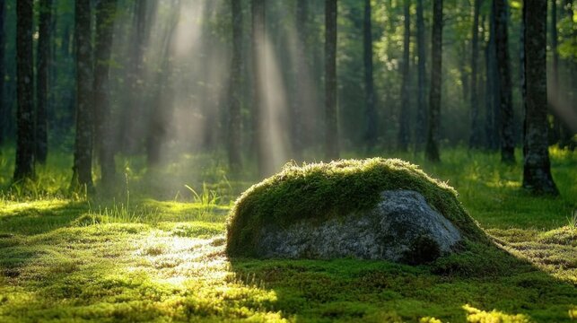 Sunlight filters through trees illuminating a moss-covered rock