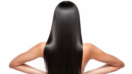 Fototapeta premium A young woman with long dark hair poses with her back turned, showcasing a clean and minimalistic aesthetic against a white backdrop.