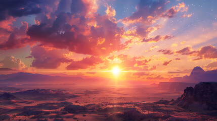 A stunning sunset over a vast grassy field, with warm golden and orange hues filling the sky and casting a peaceful glow over the gently swaying grass.