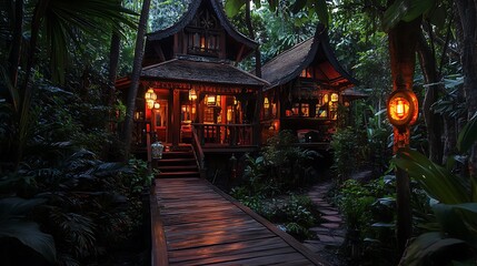 Fototapeta premium A cozy wooden house nestled in a lush, tropical forest, illuminated by warm lanterns.