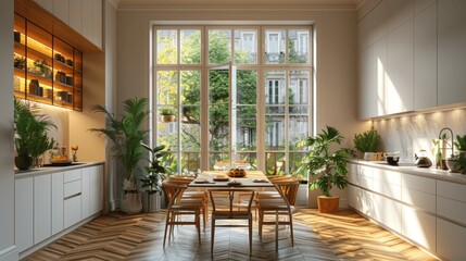 Modern Scandinavian Kitchen Interior Design in Paris Apartment with Wooden Dining Table and Chairs by Glass Window