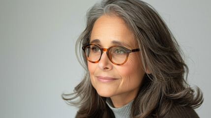 Obraz premium A graceful elder with striking grey hair, dressed in a cozy sweater, exudes confidence and serenity with a gentle smile.