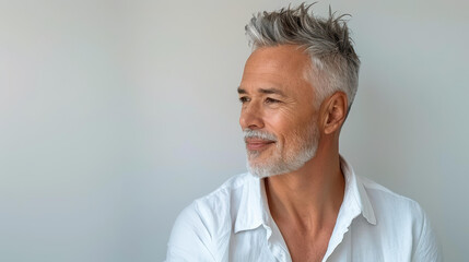 Fototapeta premium A senior man exudes confidence in an elegant shirt, comfortably posing with a relaxed smile against a white backdrop.