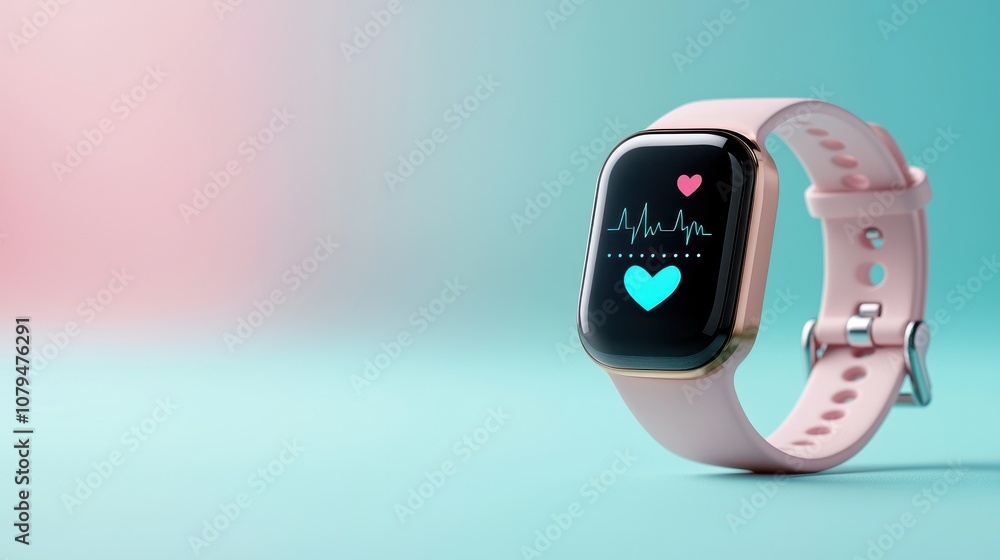 Poster biometrics in healthcare technology concept. a modern smartwatch displaying heart health metrics on 