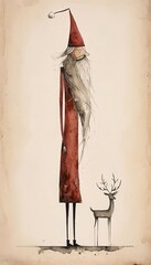 Whimsical SantaWhimsical, watercolor, Nordic, gnome, Christmas, Santa Claus, red coat, curled hat, white beard, vintage, distressed, rustic, minimalist, illustration, gifts, present, black boots, belt