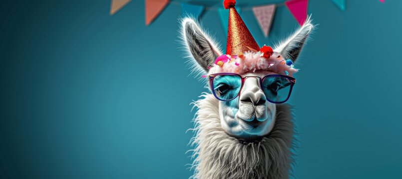 Funny Alpaca with Party Hat and Sunglasses for Celebration