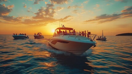 A group of people on boats enjoying a sunset cruise.
