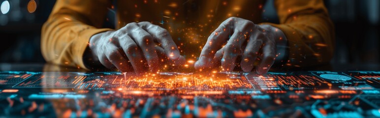 Businessman Analyzing Financial Data on Holographic Display with Online Shopping and Marketing Integration