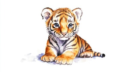 Obraz premium Watercolor baby tiger illustration Cute cartoon animal symbolizing the New Year Ideal for Christmas party decorations and invitations
