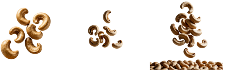 The image displays three separate arrangements of cashew nuts isolated on transparent or white background. cashew nuts scattered randomly, falling from above.