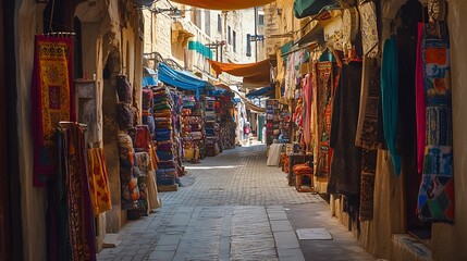 A vibrant market street filled with colorful textiles and goods, inviting exploration and cultural immersion.