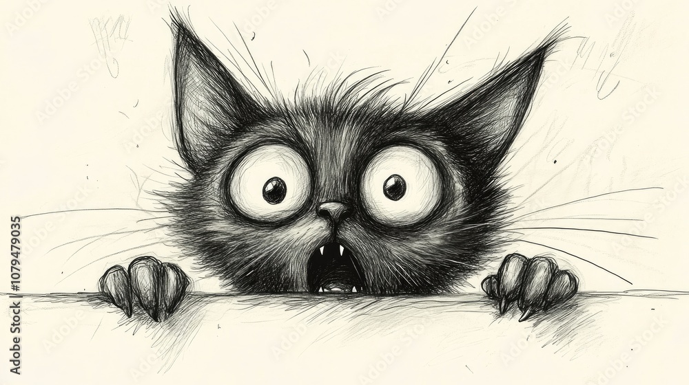 Poster funny cartoon cat displaying shock and fear in a whimsical hand drawn pencil design showcasing amusi