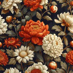 Vintage Seamless Watercolor Pattern of Peonies, Chrysanthemums, and Magnolia Leaves in Sepia Tones