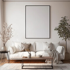 Modern Living Room Wall Art Poster Mockup with ISO A Paper Frame 3D Interior Render