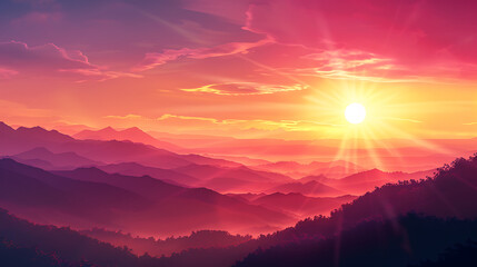 Obraz premium A breathtaking sunset over a majestic mountain range, with warm hues of orange and pink lighting up the sky, casting long shadows over the rugged peaks and valleys.