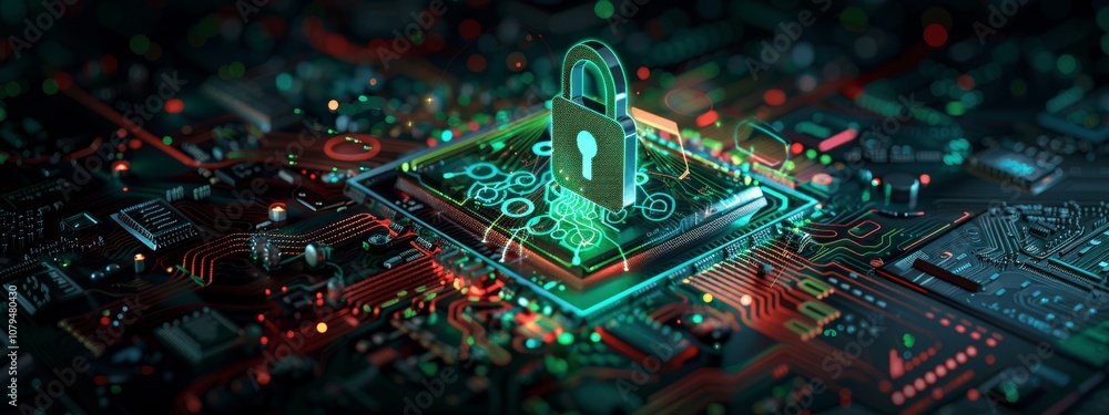 Poster digital security system with green padlock and holographic orbiters on circuit board background for 
