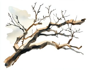Artistic watercolor illustration of a bare tree branch, white isolated background.