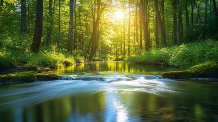 Fototapeta premium Winding River through Lush Summer Forest, a serene waterway meanders amid vibrant greenery, sunlight dances on the surface, showcasing nature's tranquil beauty.