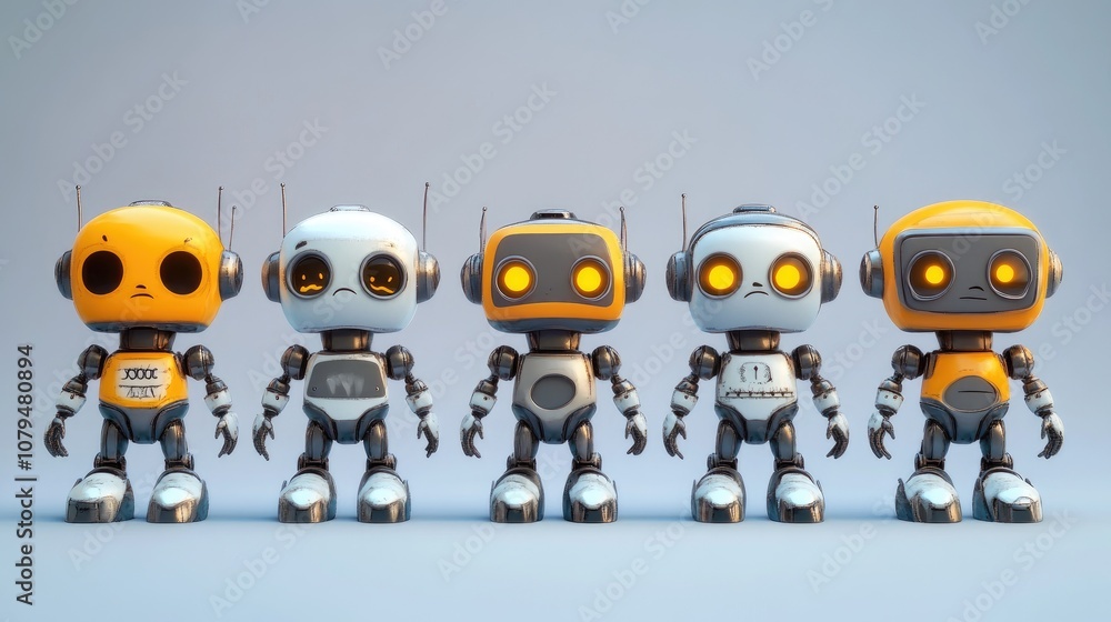 Poster set of adorable cartoon robots displaying various sad expressions