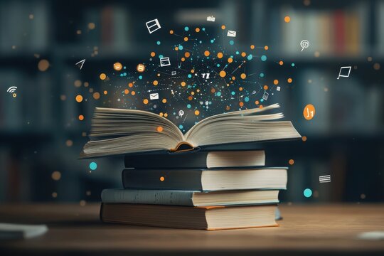 Explore the world of knowledge a stack of open books unveiling symbols of learning and understanding in a digital age