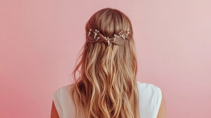 Fototapeta premium Woman styling a half-up, half-down hairstyle with delicate hairpins, showcasing a playful and trendy look in a vibrant, well-lit environment