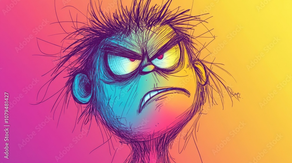 Poster gradient line drawing of a cartoon character with a pouting expression