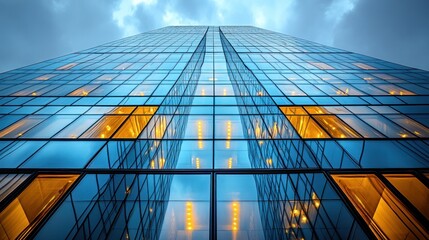 Skyscraper reflecting clouds with illuminated windows.