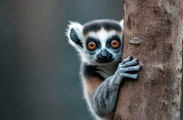 Obraz premium Curious lemur peeks around a tree trunk in a vibrant natural setting