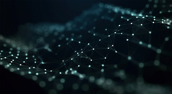 Abstract digital background of points and lines. Glowing black plexus. Big data. Network or connection. Abstract technology science background. 3d vector illustration.