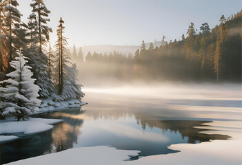 Fototapeta premium Ice-Covered Lake and Snowy Pines, 4K 
