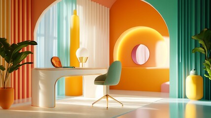A vibrant, modern workspace featuring colorful walls, chic furniture, and abundant natural light, creating an inviting and stylish environment.