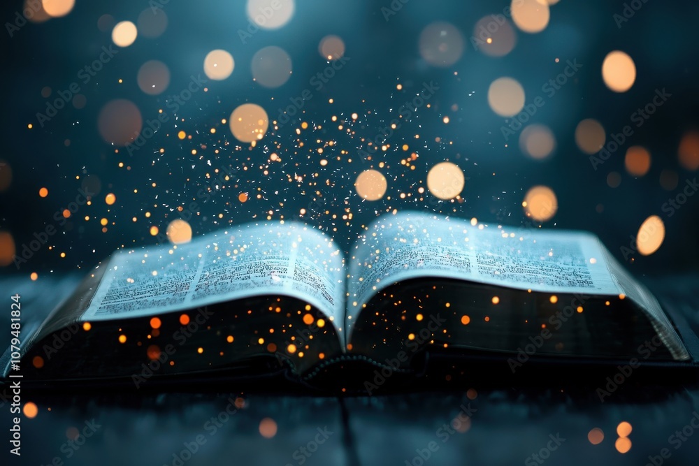Poster discover the magic of knowledge an open book illuminates wisdom with glowing text and enigmatic info