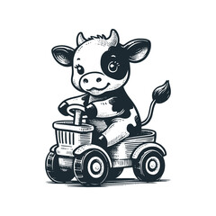 Cow riding a four-wheeled toy car. Black white vector illustration.