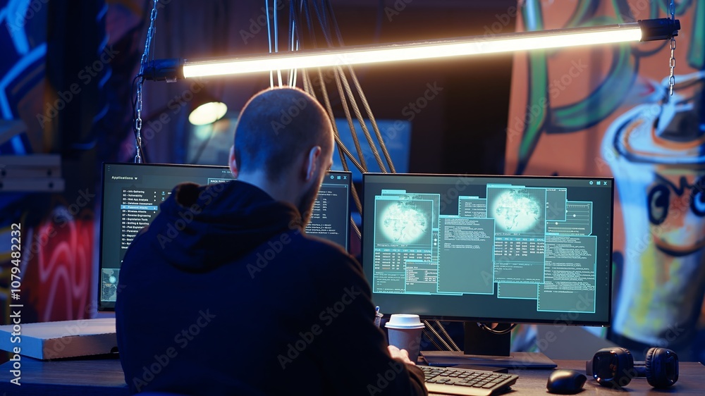 Poster hacker in hidden shelter listening music while launching ddos attacks on websites, crashing them by 