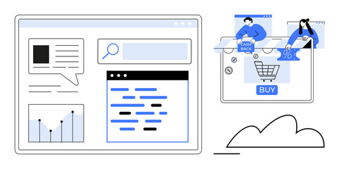 E-commerce platform screen with chat, search, graph, and shopping cart interfaces. People interacting with cashback and discount icons. Ideal for online retail, digital marketing, sales analysis