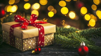 A beautifully wrapped gift with a red ribbon, surrounded by festive Christmas decorations on a wooden table.