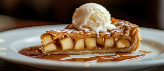 Close-up of an apple pie slice on a white plate, warm and gooey filling visible, with vanilla ice cream melting on top 