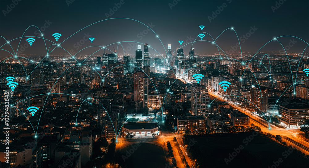 Aufkleber modern city with wireless network connection and city scape concept.wireless network and connection 
