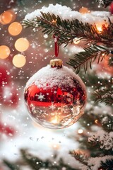 A vibrant red ornament glistens on a lush Christmas tree, capturing the festive holiday spirit indoors.