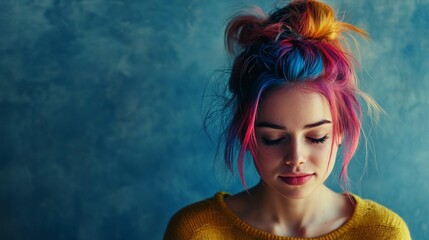 Fototapeta premium Vibrant Hair and Individuality, a woman with colorful hair in a messy bun embodies creativity and self-expression, showcasing a bold and unique personal style.