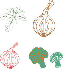 A drawing of vegetables including broccoli, onions, and a green leaf
