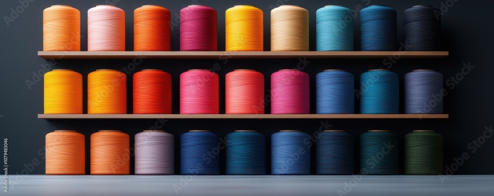Poster mockup of the prototype visualization. a colorful display of yarn spools arranged neatly on a shelf,