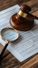 A gavel rests on legal documents alongside a magnifying glass, symbolizing justice and examination.