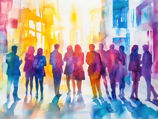 Colorful silhouettes of people painted in watercolor in a city at a networking event