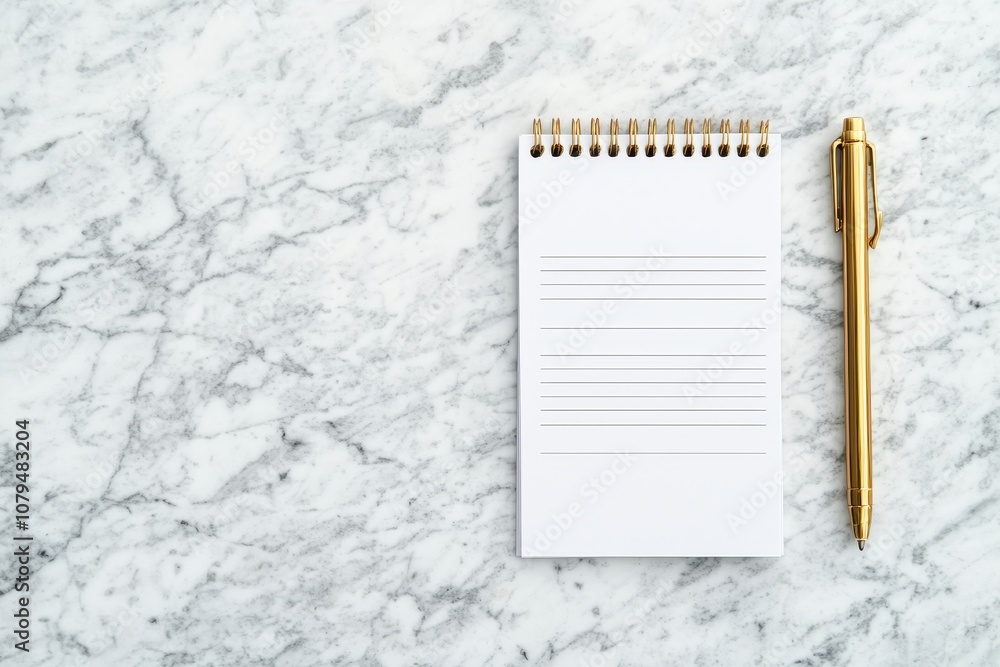 Poster mockup of the prototype visualization. a blank notepad and a gold pen placed on a smooth marble surf